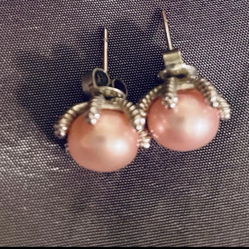 Honora Freshwater Cultured Pink Pearl and Silver Stud Earrings - Picture 2 of 4